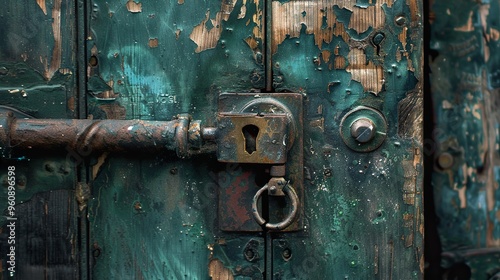 A close-up of a weathered wooden door with a rusted metal handle and lock.