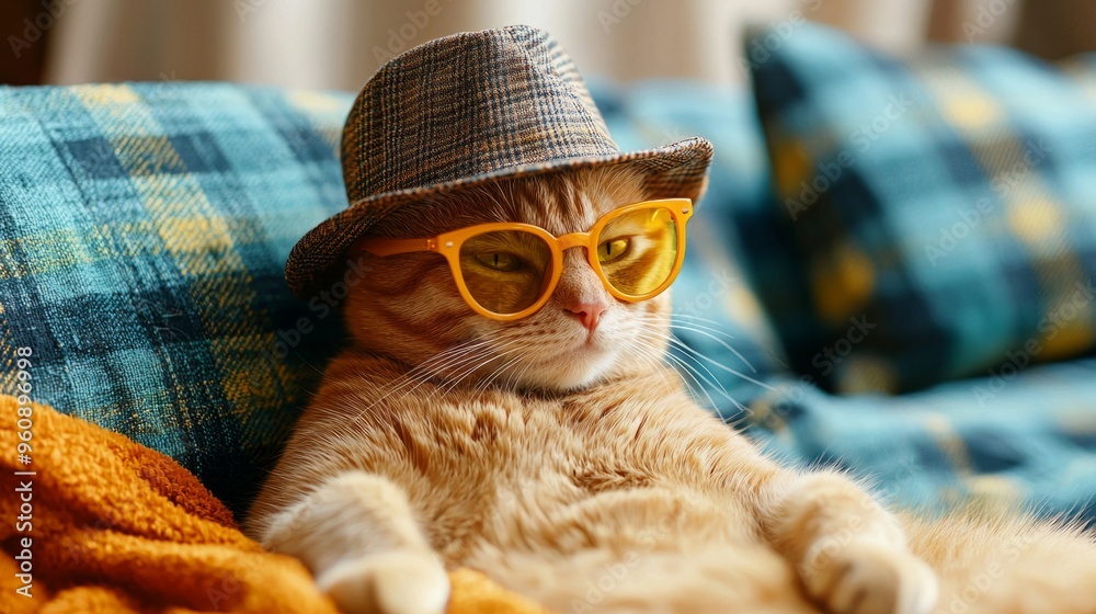 Beautiful cat in hat wearing yellow sunglasses, in a retro-style fashion with an orange and teal plaid background. Beautiful cat in hat wearing yellow sunglasses, in a retro-style fashion with an orange and teal plaid background.