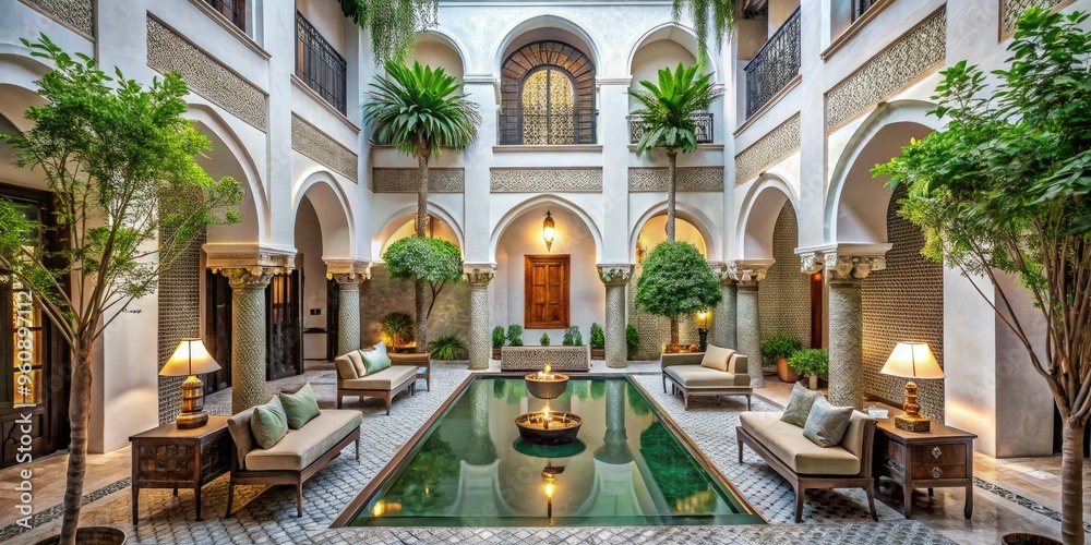 Fototapeta premium Elegant Riad Chic minimalist courtyard, adorned with modern sculptures, sleek lines, and lush greenery, radiating contemporary Moroccan luxury.