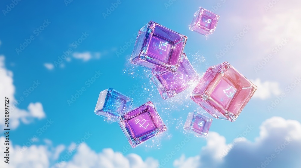 Floating Digital Cubes in a Cloud Environment Showcasing Unique Functional Symbols
