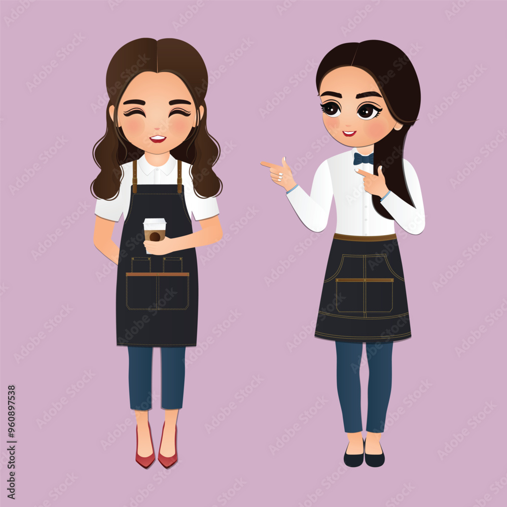 Cute cartoon barista women in apron smiling serving a client at the coffee shop Cute cartoon barista women in apron smiling serving a client at the coffee shop