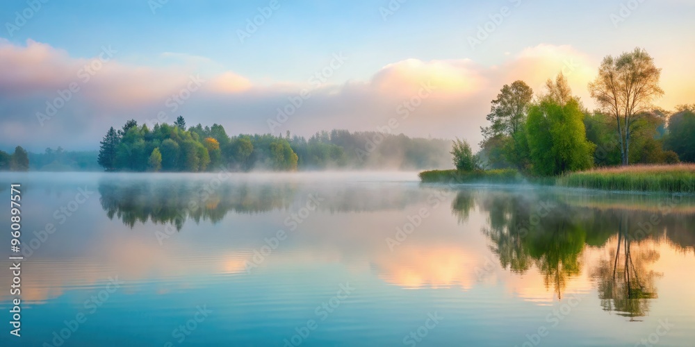 Obraz premium misty grey morning fog creeps over serene lake water calm reflective surface blending with soft pastel colour background evoking peaceful melancholy