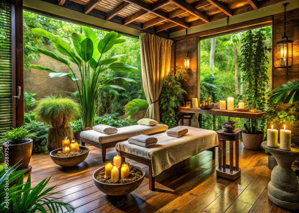 Fototapeta premium whispering pampering retreat lush greenery natural textures earthy tones calming atmosphere rejuvenation