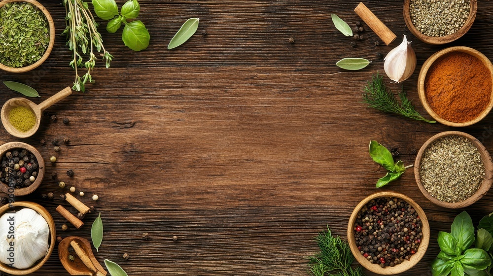 Spices and Herbs Frame on Rustic Wooden Background Spices and Herbs Frame on Rustic Wooden Background