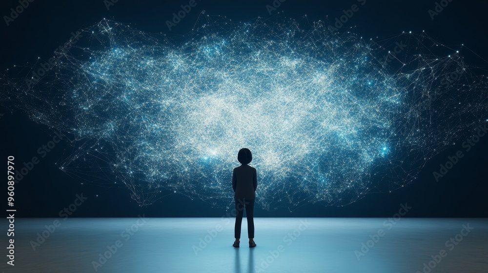 A Person Illuminated by Holographic Screens in a Dark Room of Future Workspaces A Person Illuminated by Holographic Screens in a Dark Room of Future Workspaces
