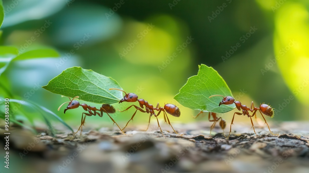 Macro shot of ants carrying leaves while marching on a jungle trail, capturing the industrious nature of these tiny creatures