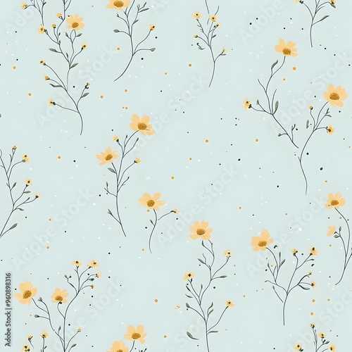 Minimalist Floral Wallpaper with Tiny Yellow Daisies Widely Spaced on a Pale Blue Background  Seamless Repeat Pattern Artwork for Digital Decor Home Design and Summer Aesthetic