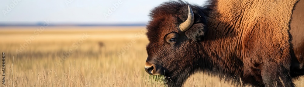 Obraz premium Close-up of a bison munching on tall prairie grass, with the expansive plains stretching out behind, emphasizing the vastness of its habitat