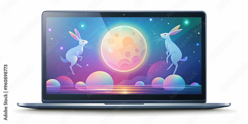 Flat Laptop on Holographic Surface with Rabbits and Moon - Mid Autumn Festival Concept. Side View Angle with Copy Space. Simple Flat Vector Business Illustration. Flat Laptop on Holographic Surface with Rabbits and Moon - Mid Autumn Festival Concept. Side View Angle with Copy Space. Simple Flat Vector Business Illustration.