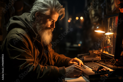 A writer with sable hair working late into the night, illuminated by a desk lamp. Concept of dedication and creativity. Generative Ai.