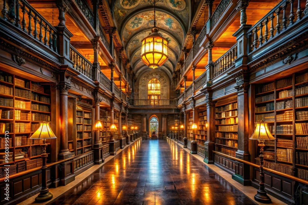 Fototapeta premium library vortex mesmerizing labyrinthine shelves glowing lanterns soft warm golden light ancient tomes mysterious atmosphere curiosity discovery