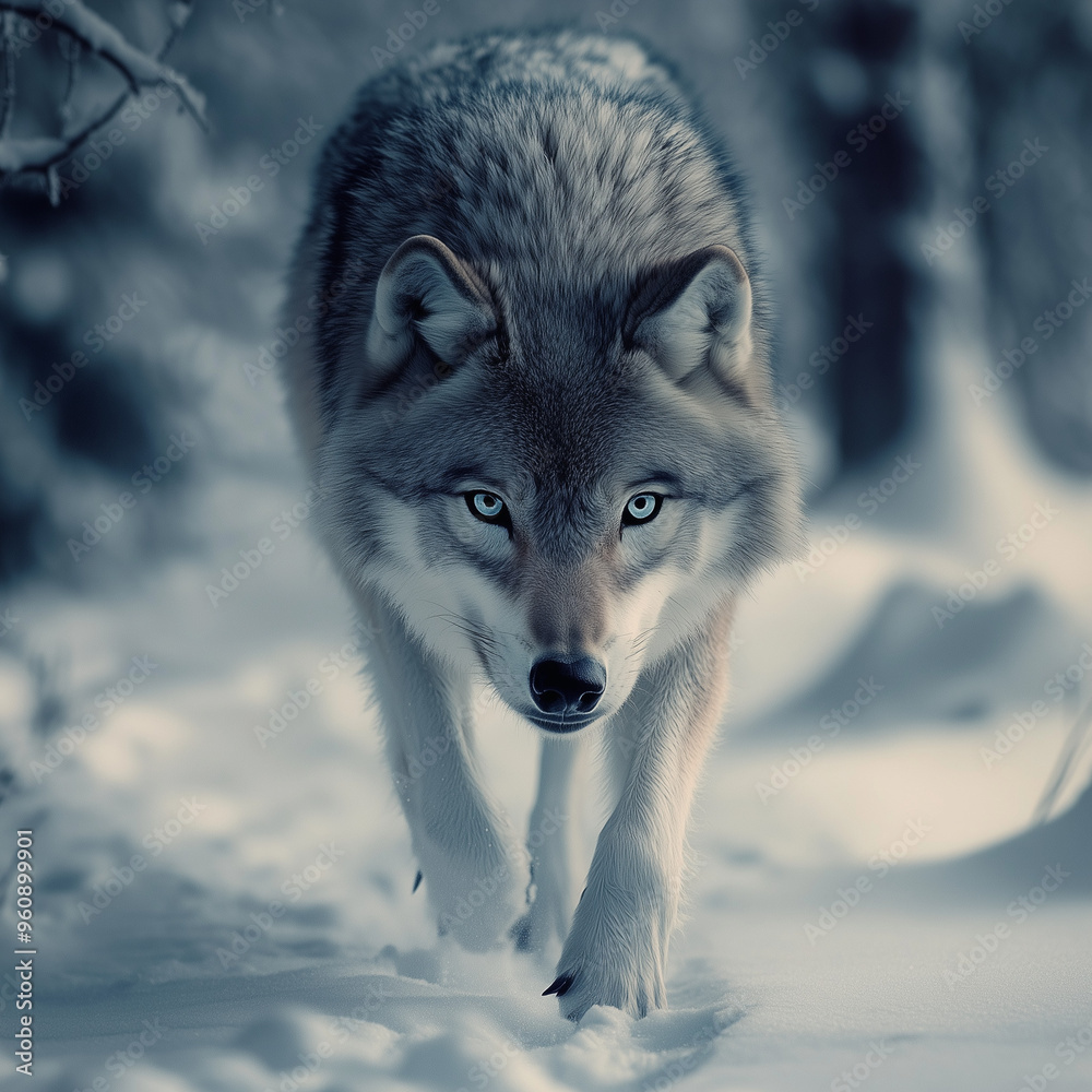 Fototapeta premium Wolf in the Snow: Gray Wolf with Piercing Eyes Walking in a Snow-Covered Field with Snowy Pine Trees