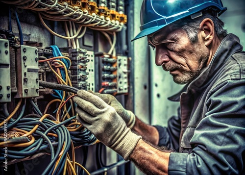 Intense close-up of an electrical worker's hands intricately wiring complex circuitry with dark gritty texture and muted monochromatic tones