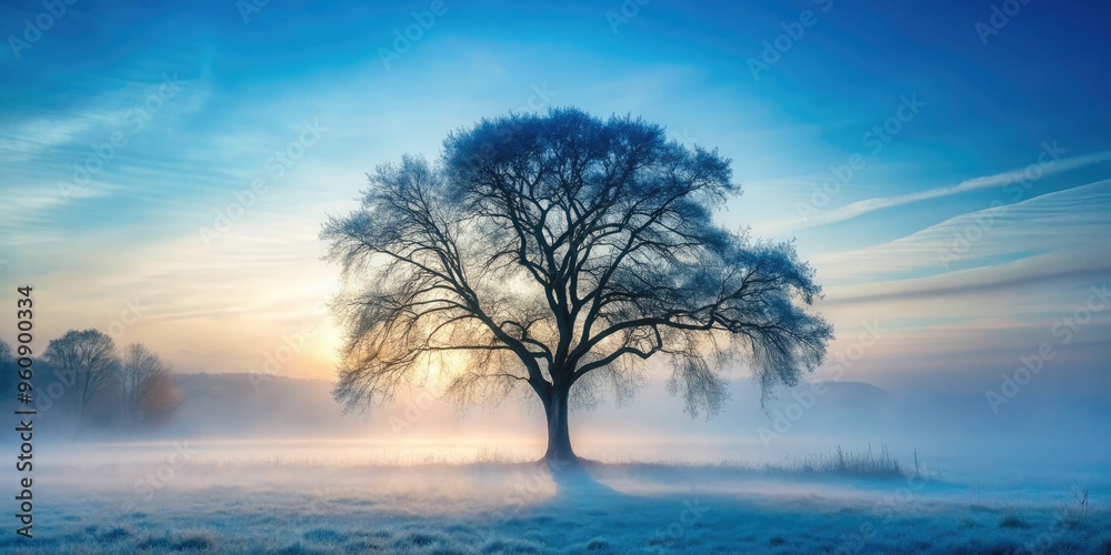 Grey misty morning light wraps around lone tree branches stretching towards soft blue watercolour background evoking moody introspection Grey misty morning light wraps around lone tree branches stretching towards soft blue watercolour background evoking moody introspection