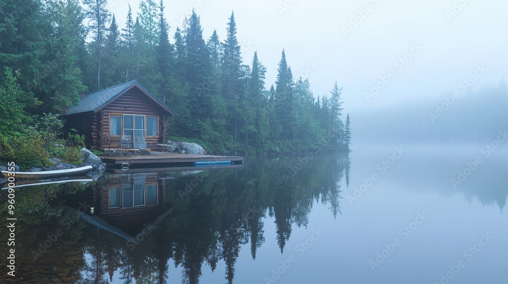 Misty Morning Cabin by the Lake with Reflection Misty Morning Cabin by the Lake with Reflection