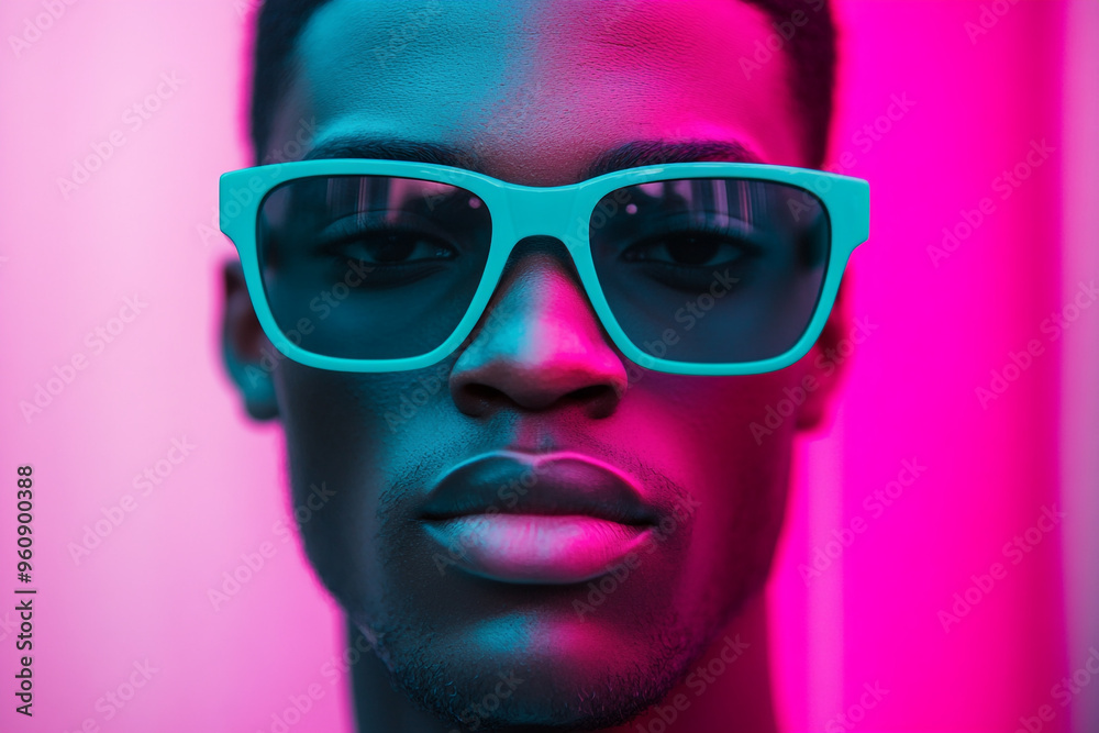 Trendsetting Men in Neon Teal Eyewear with Solid Neon Pink Background Bold Fashion Portrait Trendsetting Men in Neon Teal Eyewear with Solid Neon Pink Background Bold Fashion Portrait