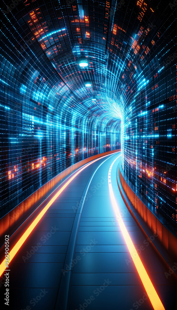 The view showcases a modern tunnel featuring vibrant blue and orange lights, creating a dynamic atmosphere. The curved path leads through the illuminated passage, emphasizing its technological design. The view showcases a modern tunnel featuring vibrant blue and orange lights, creating a dynamic atmosphere. The curved path leads through the illuminated passage, emphasizing its technological design.