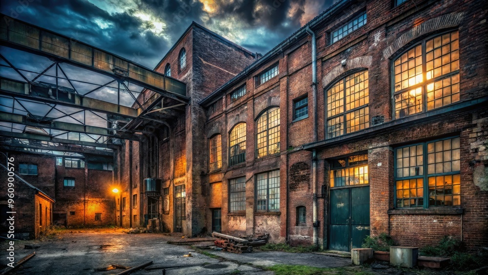 abandoned rusty factory crumbling brick walls faded industrial signage eerie dim lighting mysterious shadows urban decay history nostalgia