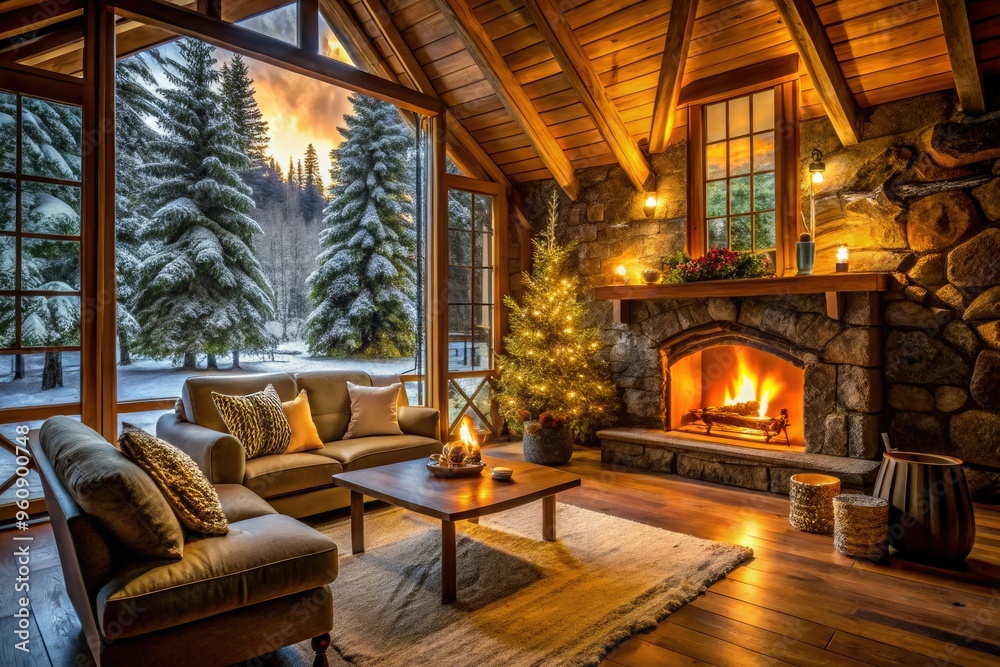 cozy winter cabin warm fireplace inviting atmosphere soft golden lighting rustic wooden textures warm comfort zone peaceful forest surroundings cozy winter cabin warm fireplace inviting atmosphere soft golden lighting rustic wooden textures warm comfort zone peaceful forest surroundings