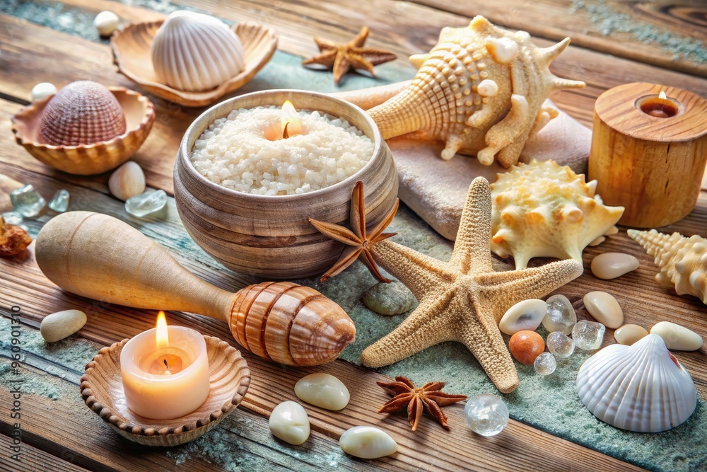 soothing calming ambiance calming ocean waves warm beige tones natural sea shells soothing music gentle saltwater scrubbing treatment organic natural products soft pastel colors