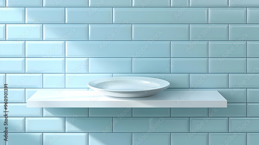 White Plate on Shelf Against Blue Tile Wall White Plate on Shelf Against Blue Tile Wall