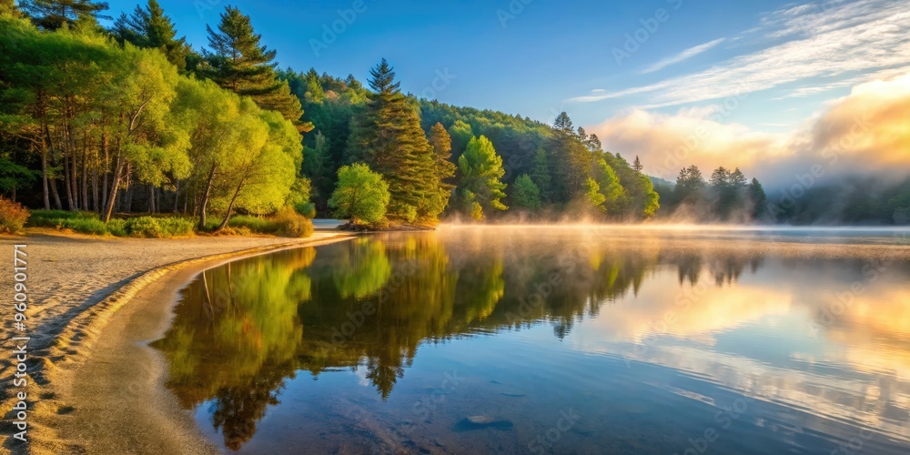 soft warm morning light on tranquil lakeside beaches with misty forests in the background near squantz pond state park soft warm morning light on tranquil lakeside beaches with misty forests in the background near squantz pond state park