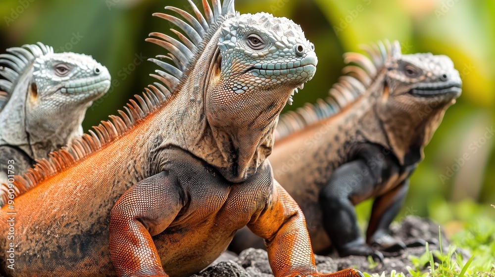 Three Vibrant Iguanas Resting in Tropical Habitat with Lush Greenery, Providing Close-Up View of Their Unique Scales and Colors Three Vibrant Iguanas Resting in Tropical Habitat with Lush Greenery, Providing Close-Up View of Their Unique Scales and Colors