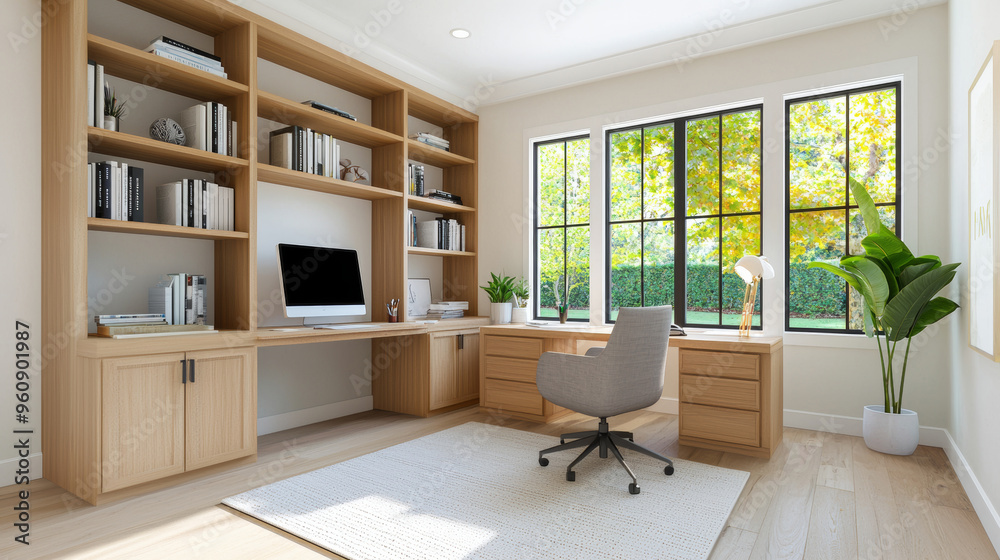 Fototapeta premium Modern home office interior with wooden furniture, computer, and large windows letting in natural light