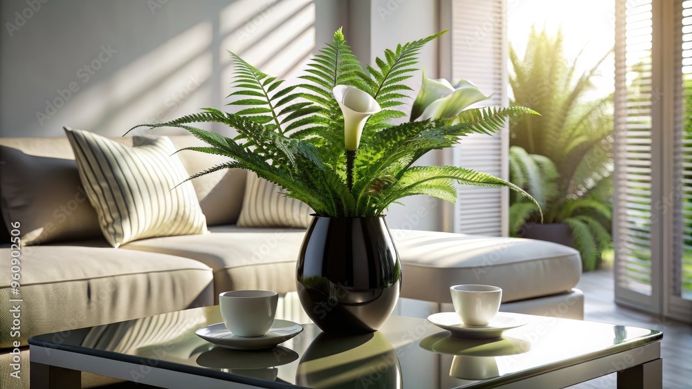 Elegant black ceramic vase filled with calla lilies and ferns sitting on a sleek modern white coffee table with subtle morning shadow. Elegant black ceramic vase filled with calla lilies and ferns sitting on a sleek modern white coffee table with subtle morning shadow.