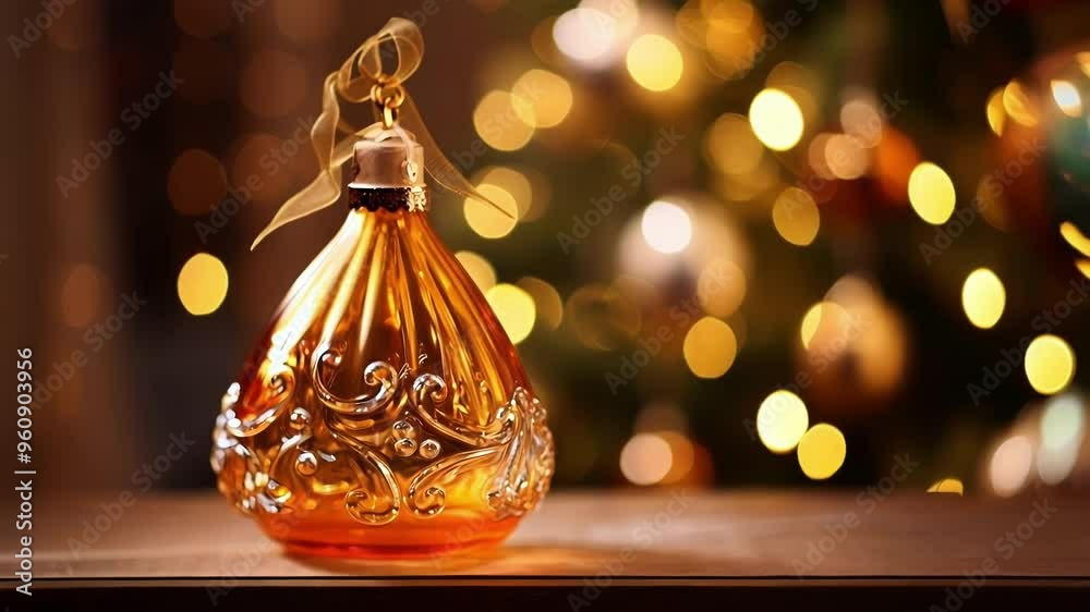 Beautiful, glowing orange glass ornament with gold embellishments sits on a table in front of a sparkling christmas tree