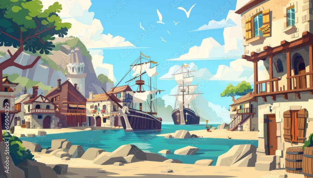 Fototapeta premium Coastal town. Seaside village. Harbor view. Quaint coastal town with historic buildings. Medieval cityscape overlooking the sea. Cartoon 2d games illustration background..