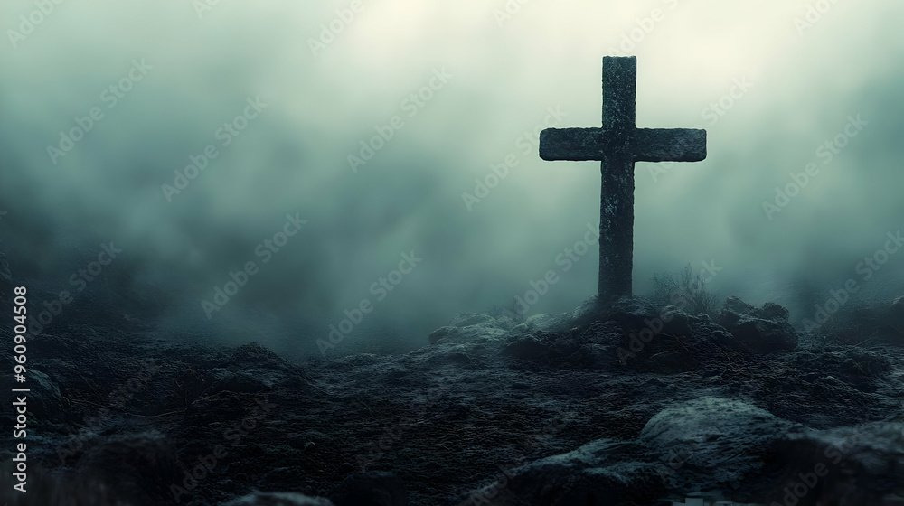 Stone Cross in Foggy Landscape Stone Cross in Foggy Landscape