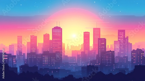 A vibrant city skyline at sunset with colorful sky hues of pink, orange, and blue, creating a serene urban landscape.