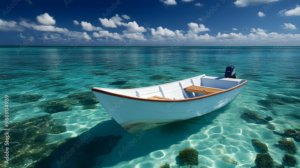White Boat in Crystal Clear Tropical Water White Boat in Crystal Clear Tropical Water