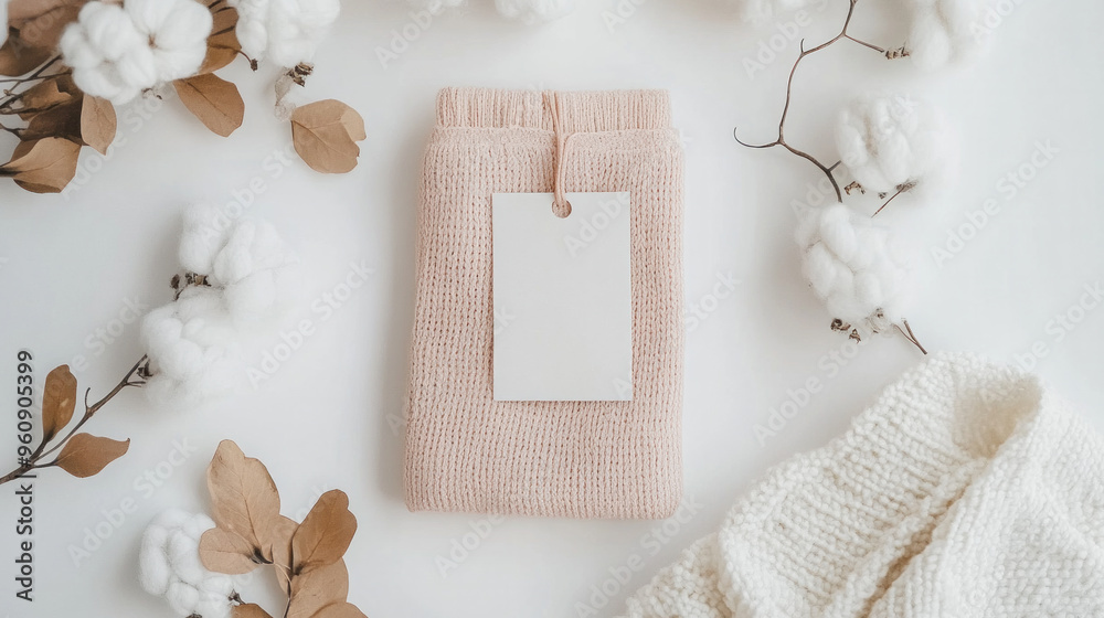 Fototapeta premium A white sweater with a tag on it sits on a table next to a bunch of cotton flowers