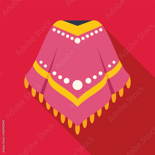Pink poncho with yellow trim and tassels, a traditional mexican garment, shown on a red background