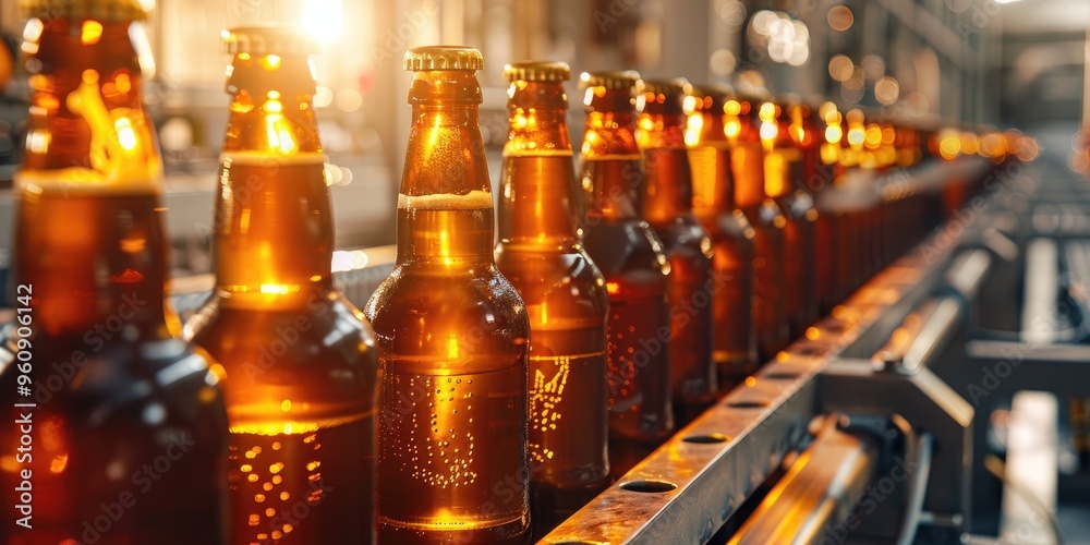 Close-up of sealed beer containers on a production line illuminated by sunlight in a brewing facility. Close-up of sealed beer containers on a production line illuminated by sunlight in a brewing facility.