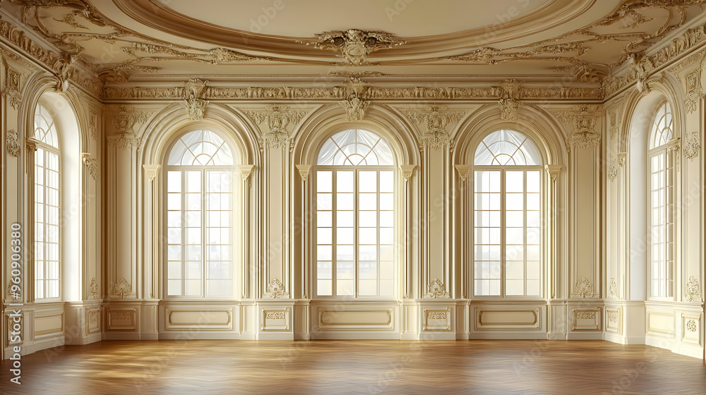 Grand Ornate Room with Arched Windows and Decorative Molding Grand Ornate Room with Arched Windows and Decorative Molding