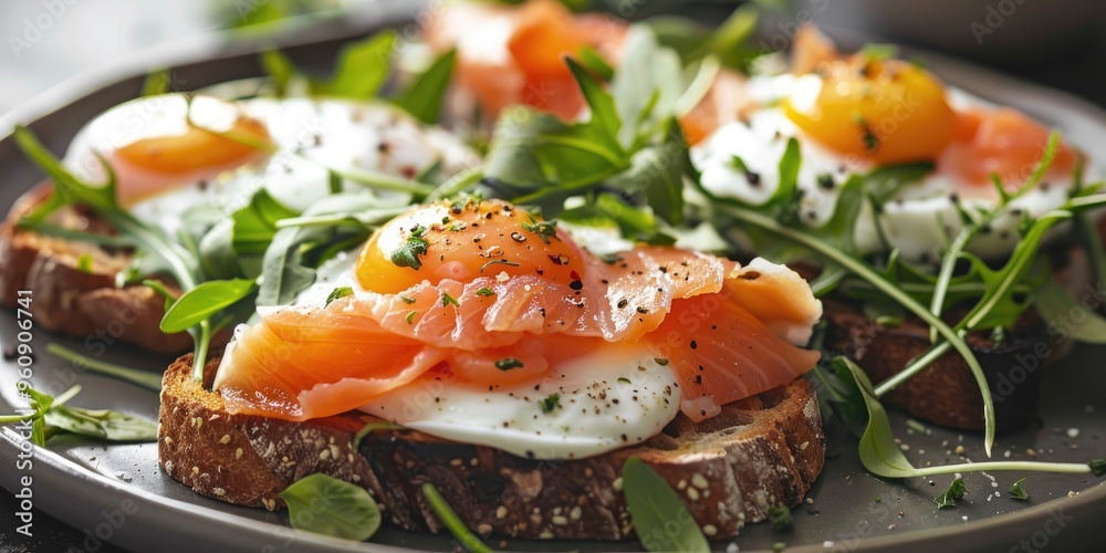 Sophisticated Breakfast and Brunch Dish: Poached Eggs with Fish and Greens on Gluten-Free Bread Sophisticated Breakfast and Brunch Dish: Poached Eggs with Fish and Greens on Gluten-Free Bread