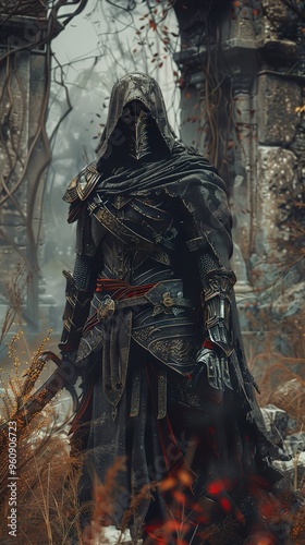 Wallpaper Mural A hooded figure in dark armor stands amidst ruins and fog, holding a sword. Torontodigital.ca