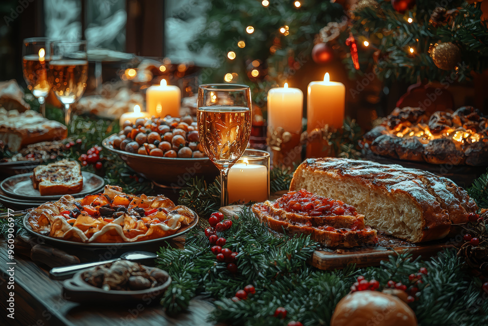 A festive table set with holiday-themed dishes, candles, and greenery, ready for a Christmas feast. Concept of celebration and holiday meals. A festive table set with holiday-themed dishes, candles, and greenery, ready for a Christmas feast. Concept of celebration and holiday meals.