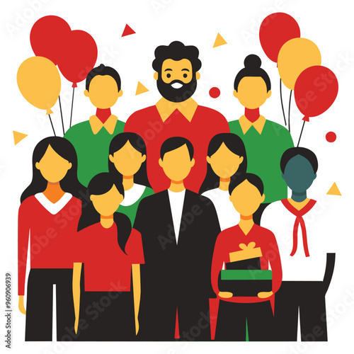 A lively gathering of diverse individuals with balloons and a gift celebrating a joyful event together in a colorful atmosphere