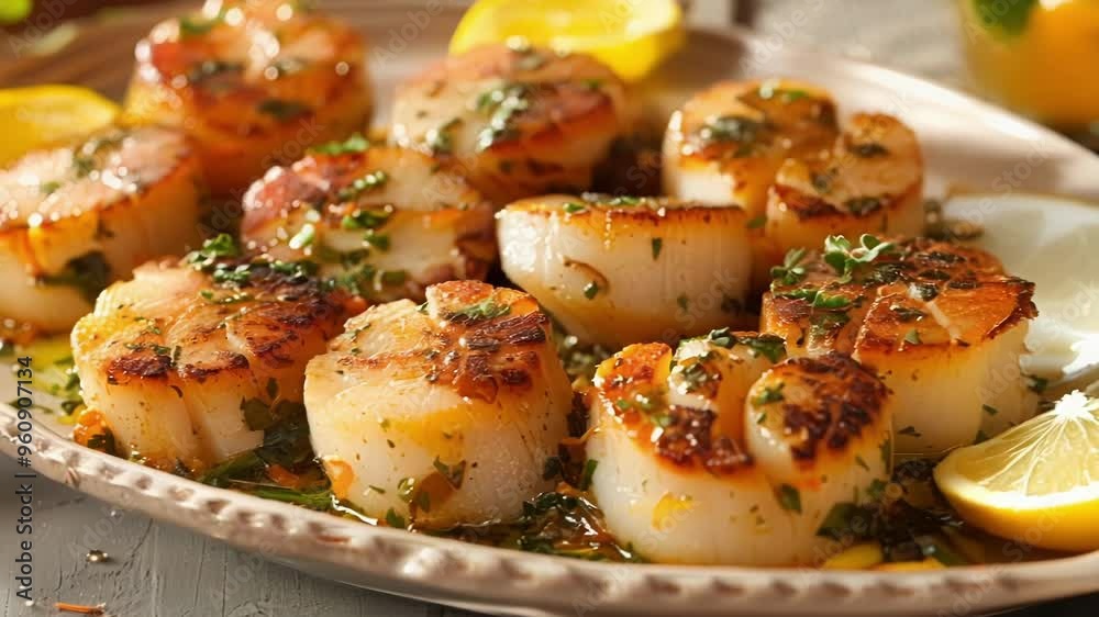 Savor pan seared scallops with garlic butter, parsley, and lemon on a plate. A gourmet treat rich in omega 3 and protein, perfect for any meal Savor pan seared scallops with garlic butter, parsley, and lemon on a plate. A gourmet treat rich in omega 3 and protein, perfect for any meal