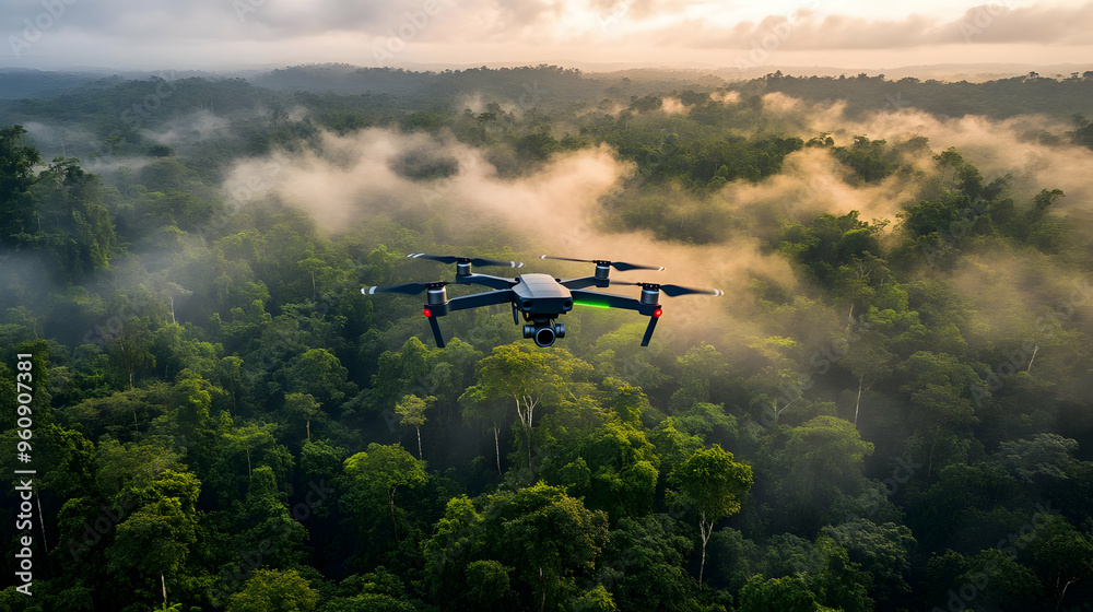 Fototapeta premium Drone Flying Over Rainforest Canopy With Fog