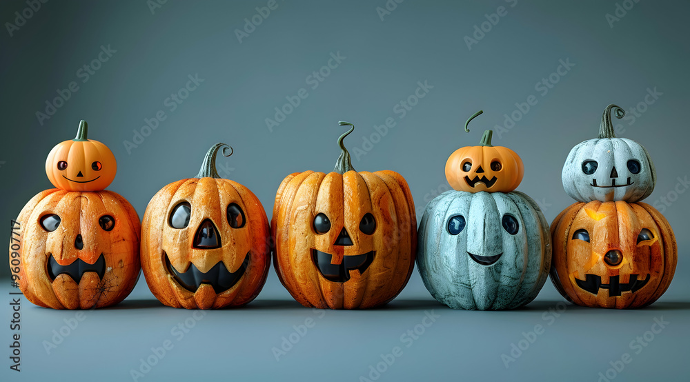 3D Jack-o'-Lantern Pumpkins with Carved Faces Illustration 3D Jack-o'-Lantern Pumpkins with Carved Faces Illustration