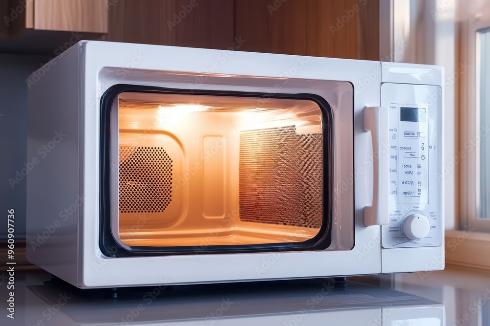 Fototapeta premium Microwave oven with light turned on in kitchen