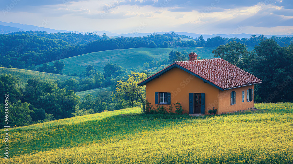 Fototapeta premium Small Yellow House on Hilltop with Rolling Green Hills