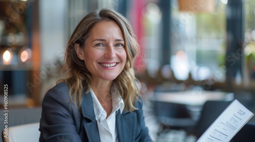 Smiling mature business woman hr holding cv document at job interview. Happy mid aged professional banking manager or lawyer consulting client sitting at workplace in corporate office meeting.