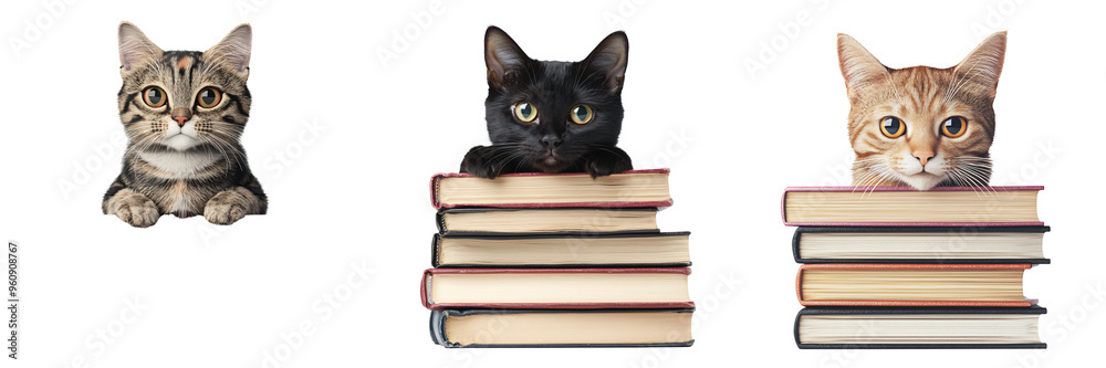 Fototapeta A mischievous cat peeking out from a stack of books 3D design vibrant colors isolated on white and transparent background