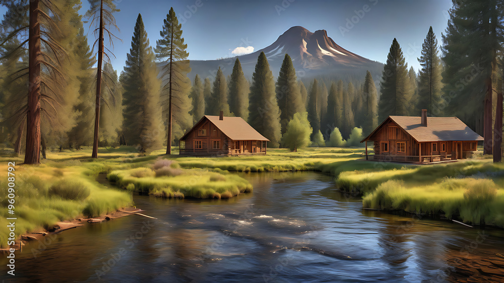 Fototapeta premium A holiday home by the lake, surrounded by trees